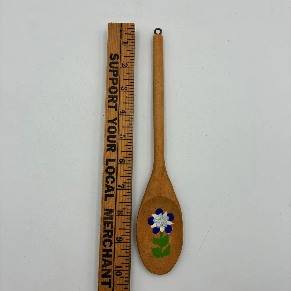 Vintage 1976 Hand Painted Wooden Spoon Spatula Set Folk Art Floral 3pc Decor